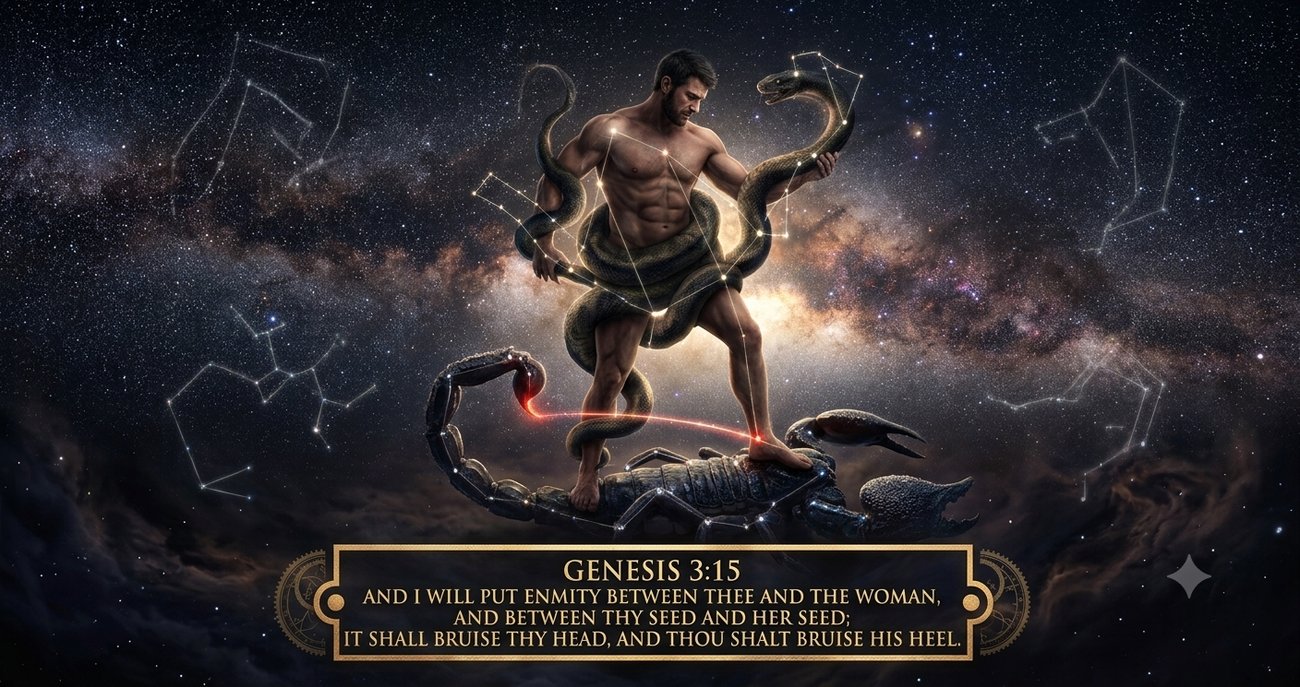 Ophiuchus the Serpent Bearer standing on Scorpius, with Genesis 3:15 inscribed below